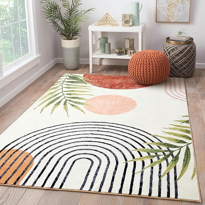 RoomTalks Mid Century Modern Washable Rug, Boho Cute Aesthetic 8x10 Area Rugs Large Carpet for Bedroom Dining Living Room Entryway Office, Contemporary Abstract Leaves Thin Pile Accent Indoor Rug