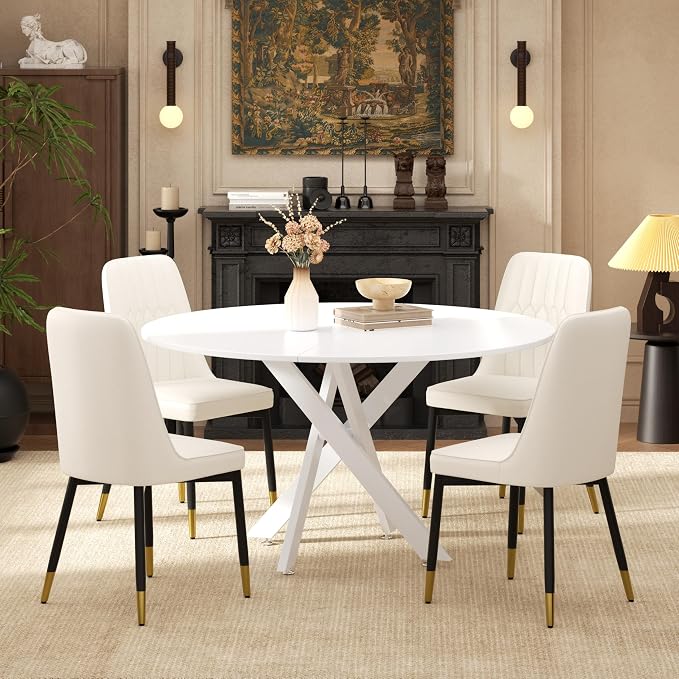 RGZ Mid Century White Round Dining Table Set for 4, 47" Large Wooden Circle Kitchen Table & 4 White PU Leather Kitchen Chairs, Dinner Table Set for Home, Apartment, Dining Room