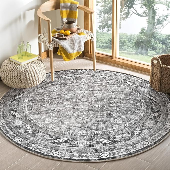 OPPODREAM Vintage Grey Round Rug 5ft, 5 ft Retro Washable Circle Rug Non Slip, Low-Pile Faux Wool Circular Carpet, Distressed Gray Floor Mat for Living Room, Bedroom, Office, Dorm, Dinning Room