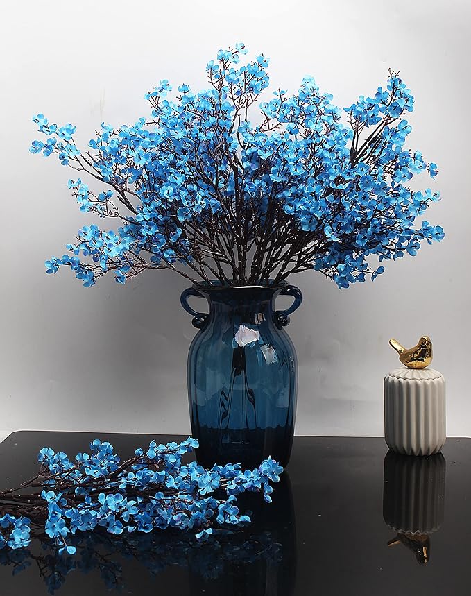 10pcs Babys Breath Artificial Flowers With Vase Gypsophila Bouquet Bulk Fake Spring Silk Flowers Real Touch Faux Floral for Home Bedroom Kitchen Garden Wedding Christmas Party Decor (Blue)