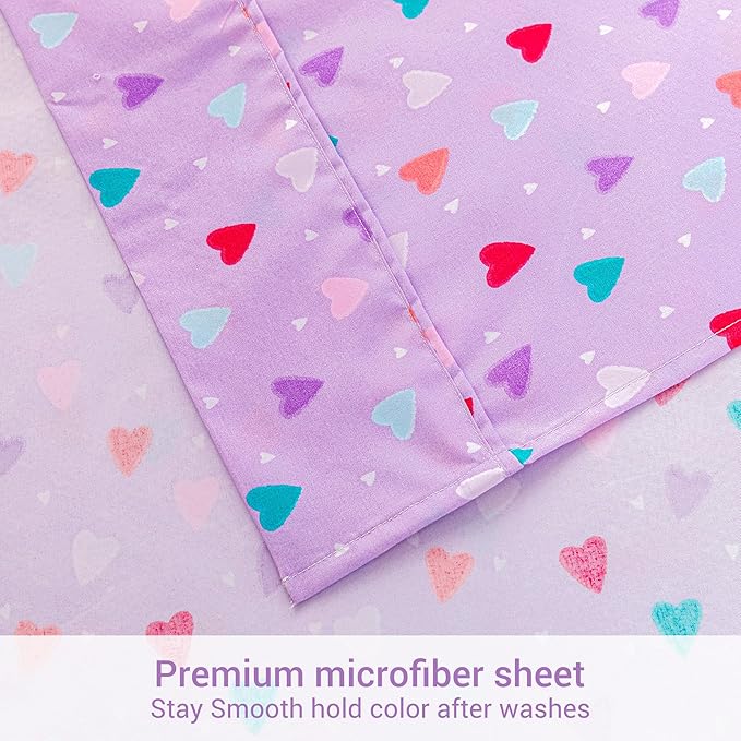 Viviland 4 Pieces Girls Purple Full Sheet Set - Soft Microfiber Fitted Flat Sheets & Pillowcases - Colorful Hearts Printed Bedding Sets - for Kids & Toddlers