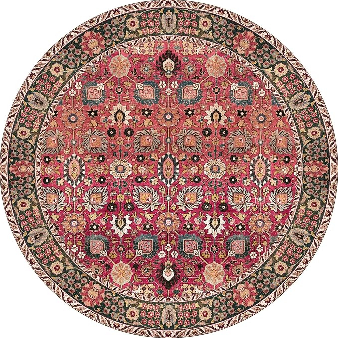 vivorug Round Rug 6ft Vintage Round Area Rug Non-Slip Indoor Carpet for Living Room Bedroom Entryway, Stain Resistant Home Decor Circle Rug, Cherry Red/Spice