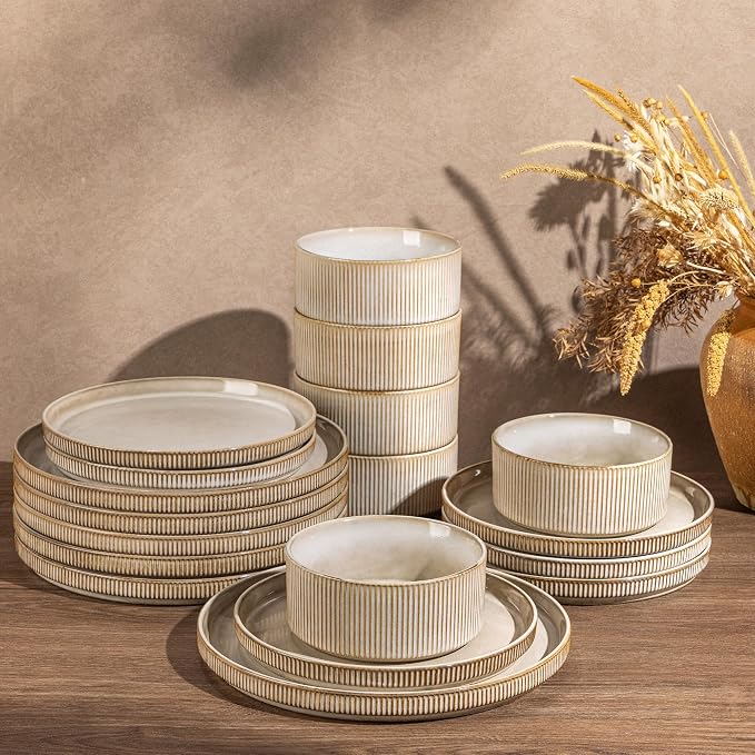 GBHOME 18-Piece Stoneware Dinnerware Set for 6 – Ribbed Ceramic Plates and Bowls, Scratch-Resistant, Microwave & Dishwasher Safe, Reactive Glaze, Cappuccino