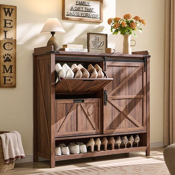 OKD Shoe Storage Cabinet with 2 Flip Drawers & Sliding Door, Farmhouse Entryway Shoe Organizer, Freestanding Rustic Hidden Shoe Rack Cabinet for Entryway, Rustic Walnut