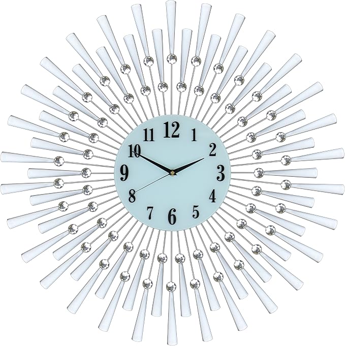Large Silver Spoke Sunburst Wall Clock with Crystal Accents