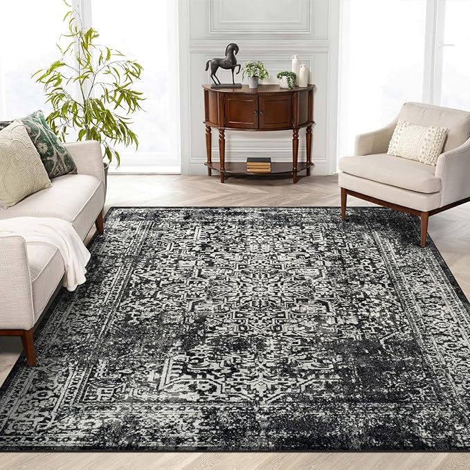 vivorug 8x10 Area Rugs, Stain Resistant Washable Rug for Living Room, Vintage-Inspired Black and White Rug