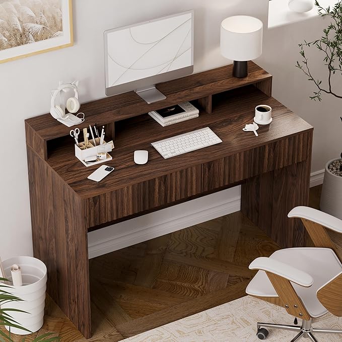 47" Executive Desk with Fluted Drawer, Modern Home Office Desk with Long Monitor Stand and 2 Drawers, Computer Writing Desk for Study Office Vanity, Brown