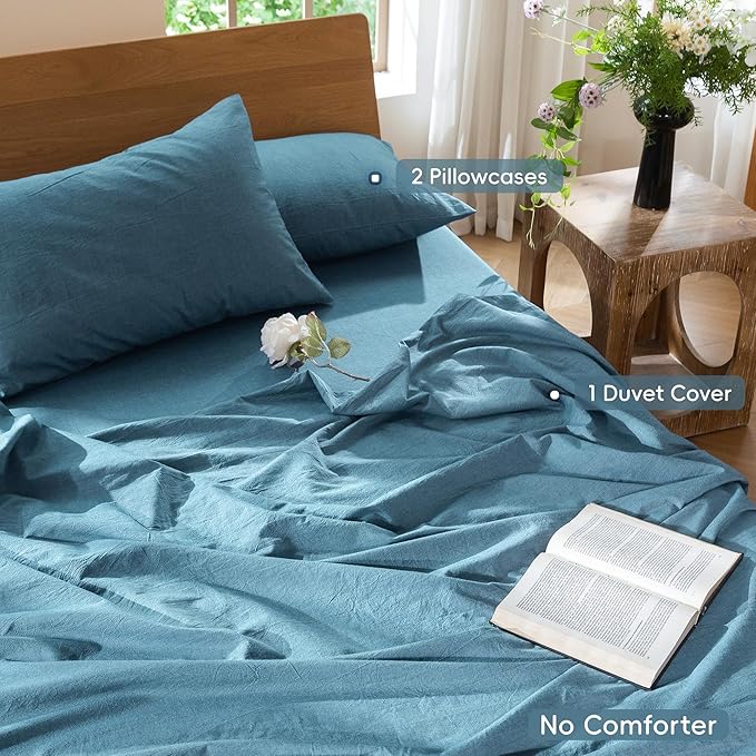 MooMee Bedding Duvet Cover Set 100% Washed Cotton Linen Like Textured Breathable Durable Soft Comfy (Heathered Peacock Blue, Cal King 104"x98")