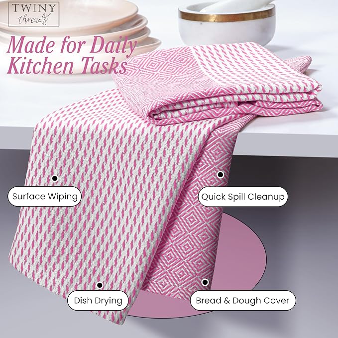 TWINY threads Kitchen Towel Diamond Weave, 4 Pack, Premium Large 100% Cotton Kitchen Linen Set, Absorbent Quick Drying Dish Rags for Drying Dishes, Multi Purpose Washable Towel, 18"x26", Rose Pink