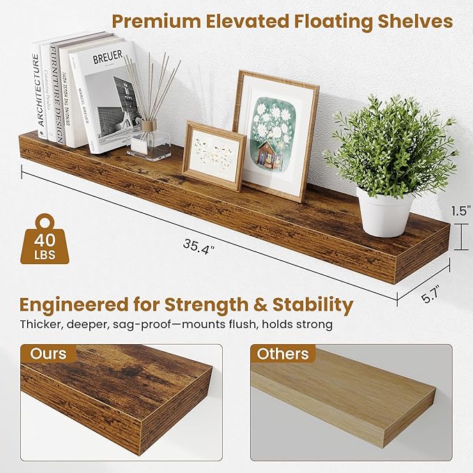 Fun Memories Floating Shelves for Room Wall, 36 Inch Long Shelf Set of 2， Hanging Wood Shelves for Storage & Display, Rustic Brown