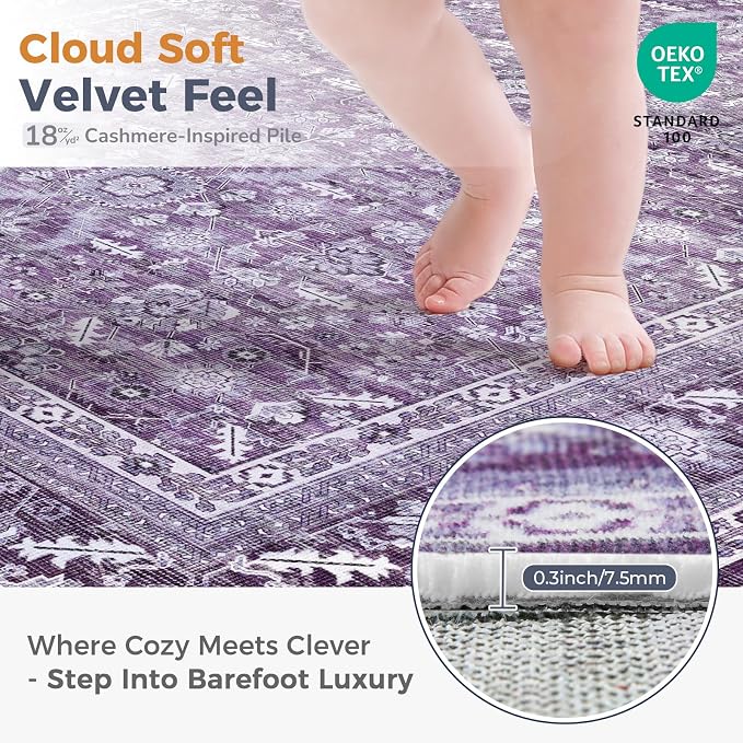 OPPODREAM Vintage Purple 2x12 Runner Rug, 2 x 12 Retro Washable Rug Non Slip, Low-Pile Faux Wool Carpet, Distressed Floor Mat for Kitchen, Hallway, Entry-Way, Entrance, Indoor Back Door