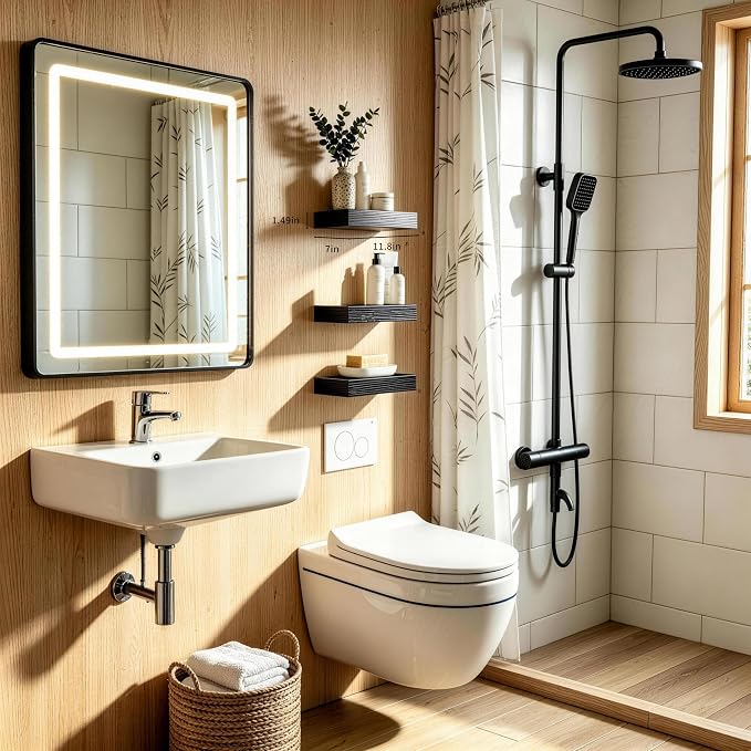 Floating Shelves for Wall, Bathroom Shelves Over Toilet, Wall Shelves & Book Shelf for Room, Hanging Shelf, Modern Wooden Wall-Mounted Small Floating Shelves, 12x7x1.5 in (Black, Set of 3)
