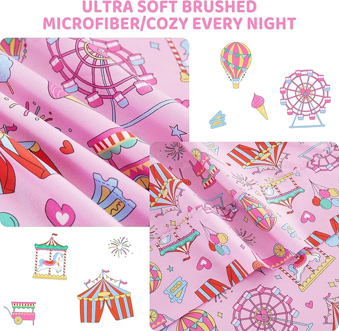 Viviland 3 Pieces Girls Pink Amusement Park Twin Sheet Set - Soft Microfiber Fitted Flat Sheets & Pillowcase - Kids Skyscraper Wheel Print Bedding Sets - for Kids & Toddlers