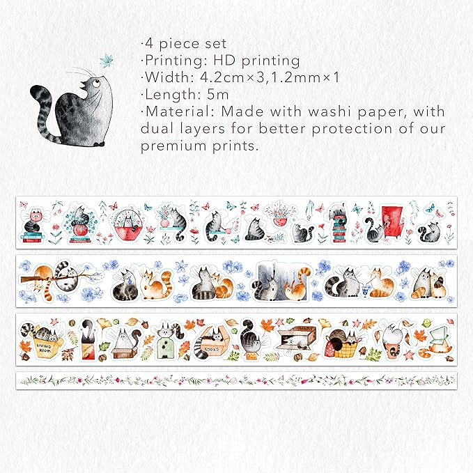 WT Chonky Cat Washi Tape Sticker Set, 4 Rolls, Original Designs, Watercolor Cute Cat Decorative Sticker, Kiss-Cut Craft Sticker, Bujo Planner Supplies, Journals Gifts, DIY Paper Sticker
