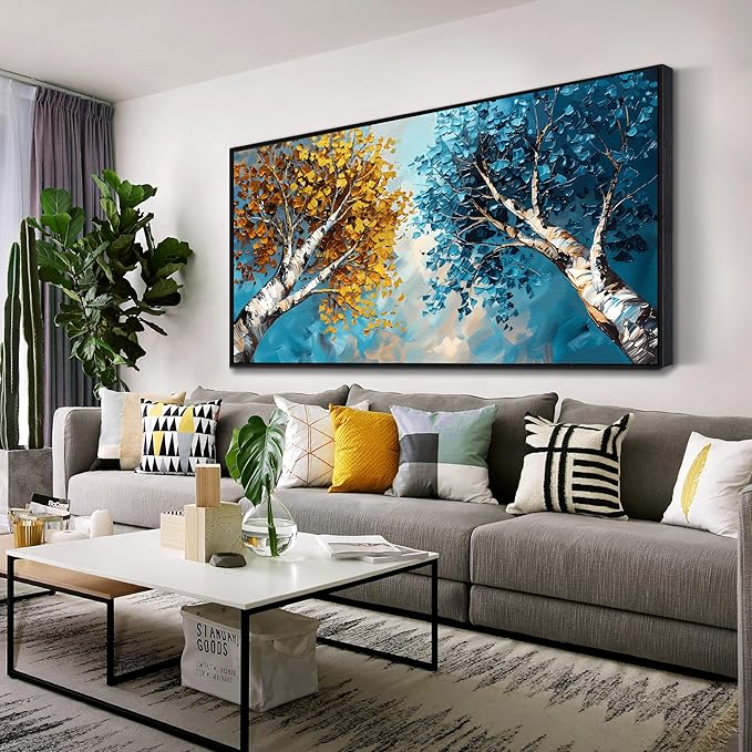 Tree Canvas Wall Art for Living Room Large Size - Yellow and Blue Bedroom Wall Art - Black Framed Wall Art Size 29" x 59"