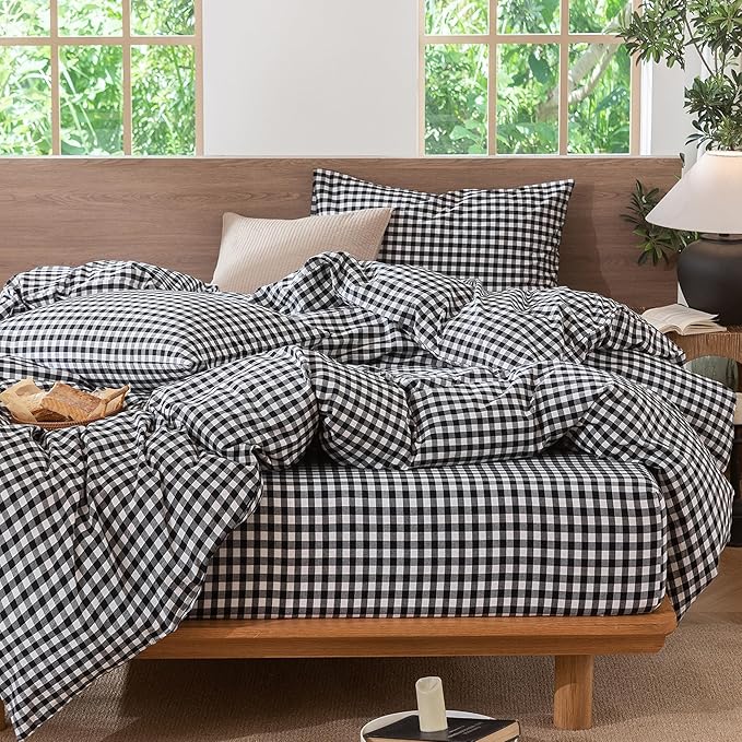 MooMee Gingham Duvet Cover Set 100% Washed Cotton Linen Like Textured Breathable Durable Soft Comfy Modern Checkered Design (Black White Gingham, Super Queen 90"x98")