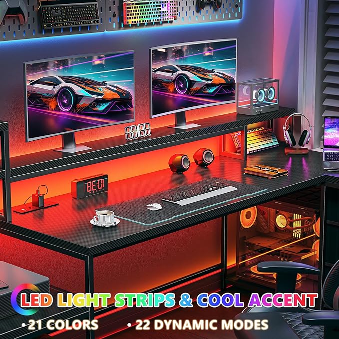 71" L Shaped Gaming Desk with 3 Drawers & Hutch, Computer Desk with Monitor Stand & Power Outlet, Home Office Desk Reversible Black Desk with LED Light,Printer Shelf,Storage Shelves,Black Carbon Fiber