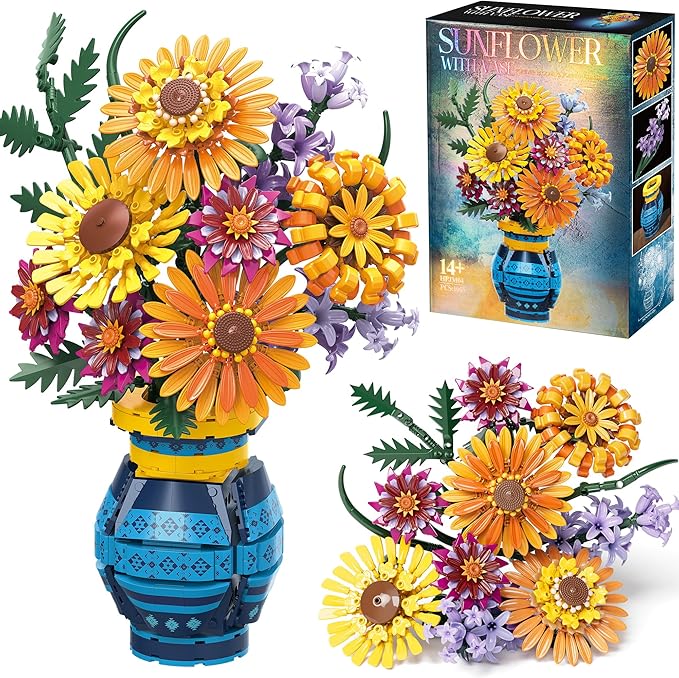 Flower Bouquet Building Blocks Set with Vase, Women Men Teen Girls Gifts for Christmas, 1065PCS Sunflower Botanical Collection Artificial Flower Decor Birthday Gifts for Her Him Wife Mom Grandma Adult