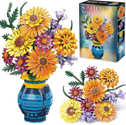 Flower Bouquet Building Blocks Set with Vase, Women Men Teen Girls Gifts for Christmas, 1065PCS Sunflower Botanical Collection Artificial Flower Decor Birthday Gifts for Her Him Wife Mom Grandma Adult