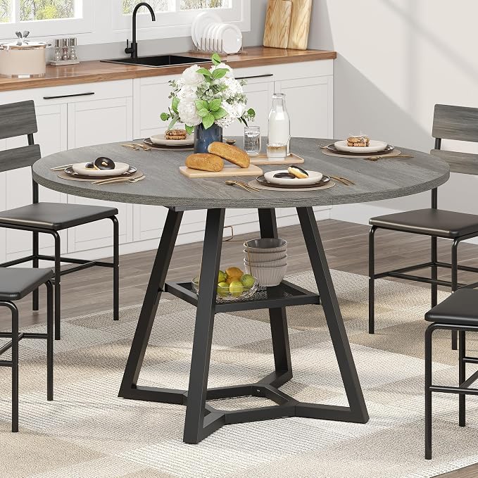 knoworld 47" Round Dining Table for 4, Kitchen Tables Dining Room Circle Dinner Table with Pedestal Metal Frame, Space Saving Wood Industrial Kitchen & Dining Room Tables, Dark Grey 47In