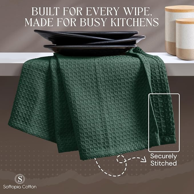 Forest Green Kitchen Dish Towels Set of 12-100% Cotton Waffle Weave, Super Absorbent, Soft, Quick Drying, 16x26 Inches, Ideal for Cleaning, Bar, Tea, and Everyday Use, Olive Green