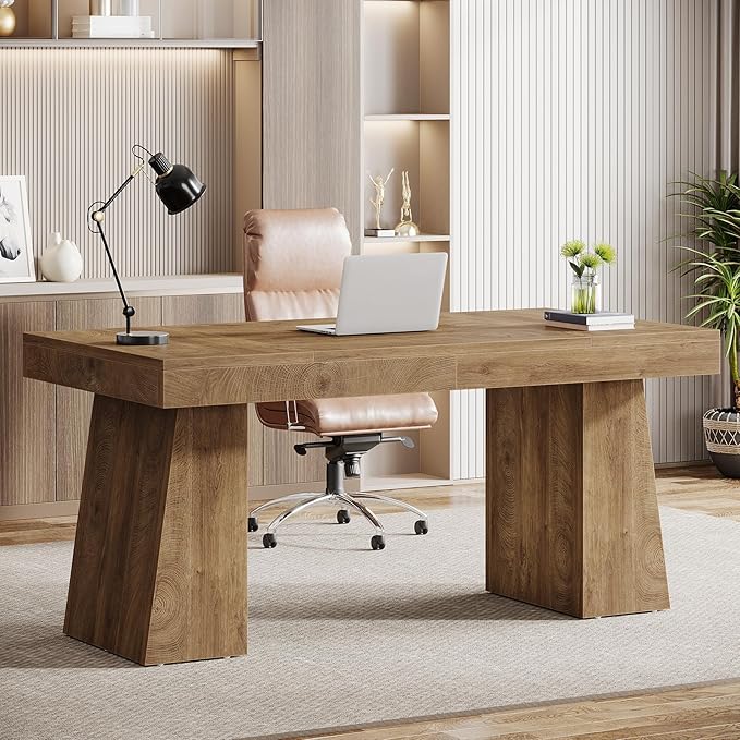 Tribesigns 55 Inches Executive Desk, Mid-Century Modern Home Office Desk, Wood Computer Table Business Workstation Small Conference Table, Light Brown