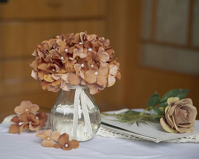 DuHouse Hydrangea Silk Flowers Artificial Hydrangea Heads with Stem Fake Flowers for Wedding Home Garden Centerpiece Pack of 6 (Coffee)