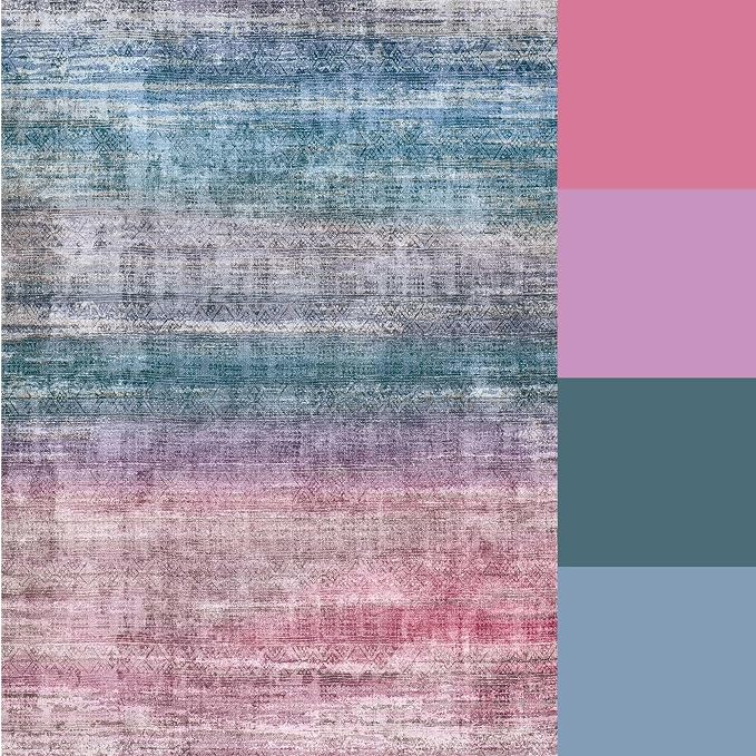 Kokia Abstract Area Rugs Boho Washable Distressed Retro Indoor 6x9 Rug Multicolor Low Pile Non-Slip Non-Shedding Red Carpet Bedroom Living Room Dining Room, Oslo Orchid