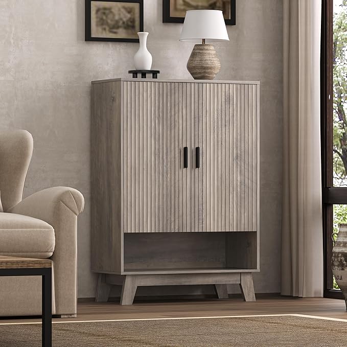 BOXACTION 4-Tier Fluted Shoe Cabinet with 2 Doors & Open Shelf, Mid Century Modern Shoe Storage Organizer with Adjustable Shelves, Metal Handles & Wood Legs, Hidden Shoe Rack for Entryway, Hallway