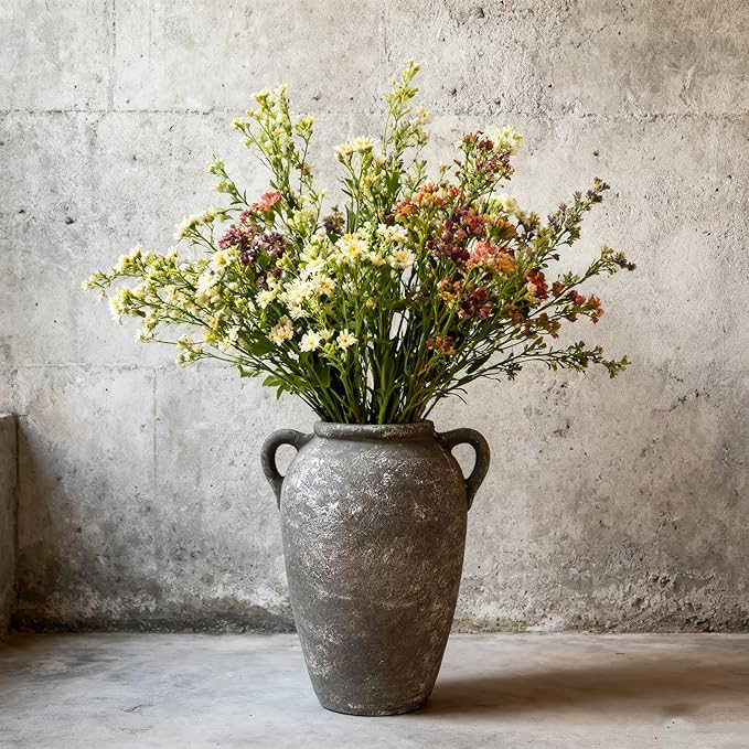 Ceramic Flower Vase with Handles Home Decor - 9 Inch Farmhouse Rustic Table Vases Living Room Decoration Decorative Vintage Pottery for Kitchen Shelf Dining Bookshelf Fireplace Centerpiece (Retro-9")