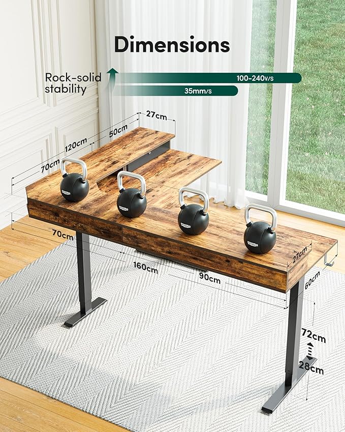 FEZIBO L Shaped Electric Standing Desk, 63x48 inch Large with Drawers | Reversible Tabletop, 2 Memory Height Settings | Home Office & Gaming Height-Adjustable Table, Rustic BrownTop/Black Frame