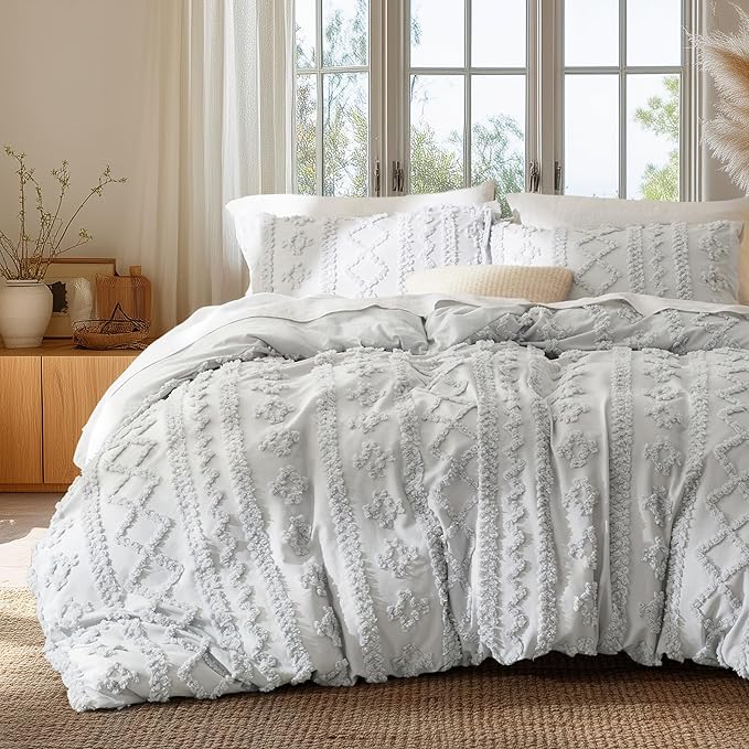 Bedsure Boho Duvet Cover Queen Size, Soft & Comfortable Elegant Design Boho Bedding for Decoration, Machine Washable Comforter Cover for All Seasons,Includes 1 Duvet Cover & 2 Pillow Shams,Light Grey