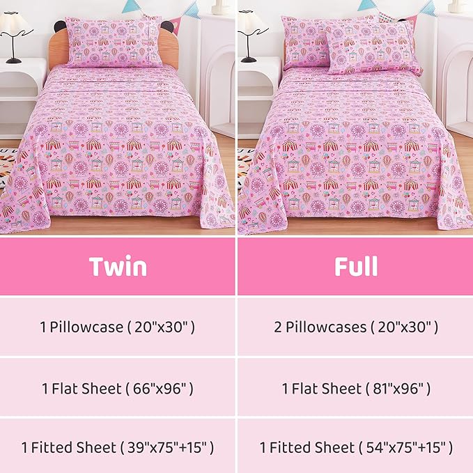 Viviland 3 Pieces Girls Pink Amusement Park Twin Sheet Set - Soft Microfiber Fitted Flat Sheets & Pillowcase - Kids Skyscraper Wheel Print Bedding Sets - for Kids & Toddlers