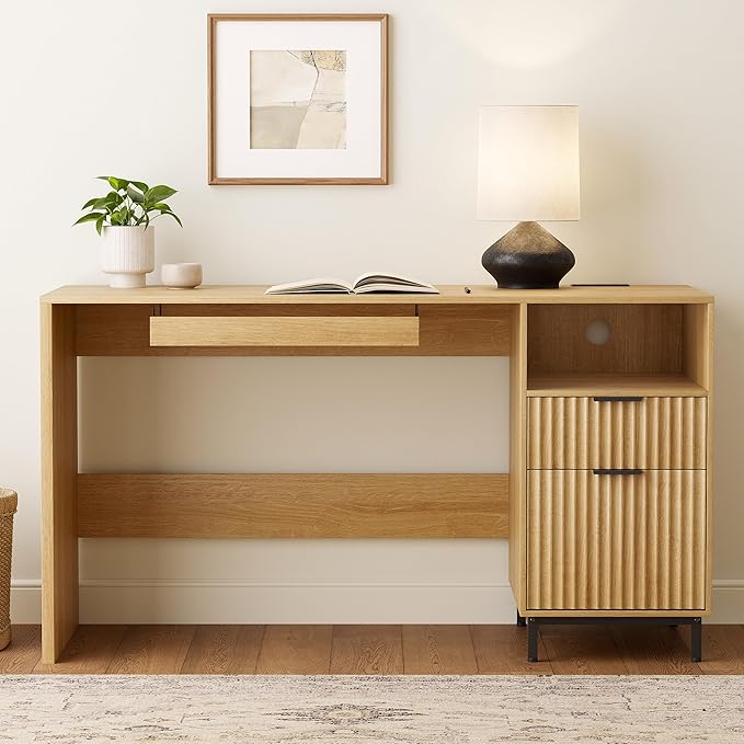 Fluted Executive Desk, 55" Modern Wood Home Office Desk with Charging Station, File Drawer, Open Storage, Computer Writing Desk for Work Study Writing, Natural Oak