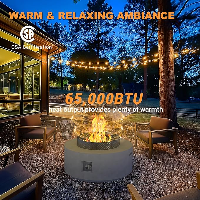 Fire Pit Table with Natural Gas Conversion Kit, 32 Inch 4-Piece Outdoor Propane Fire Pit Table 65,000 BTU Round Gas Firepit, Wind Guard, Tank Cover and BBQ Grill for Garden, Patio, Grey