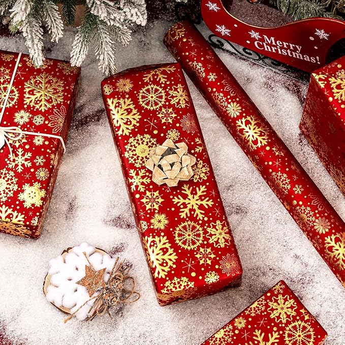 Flyhill Kraft Christmas Wrapping Paper,Gold Luxury Snowflake Metallic Gold Embossed Foil Gift Wrap Roll Design for Holiday, Party,Celebration, New Year (17 Inch X 32.8 Feet)