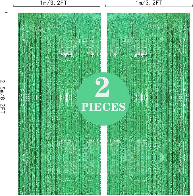 2 Pack 3.2ft x 8.2ft Green Foil Fringe Curtain, Metallic Tinsel Foil Fringe Rain Curtain Streamers Photo Backdrop for St Patricks Day Decorations Birthday Christmas Jungle Safari Tropical Party Decor
