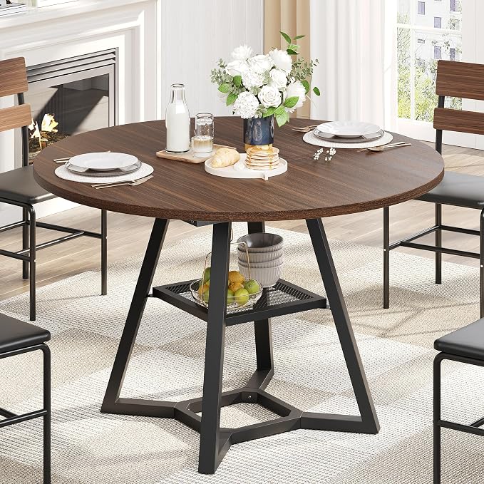 knoworld 43" Round Dining Table for 4, Kitchen Tables Dining Room Circle Dinner Table with Pedestal Metal Frame, Space Saving Wood Industrial Kitchen & Dining Room Tables, Walnut 43In