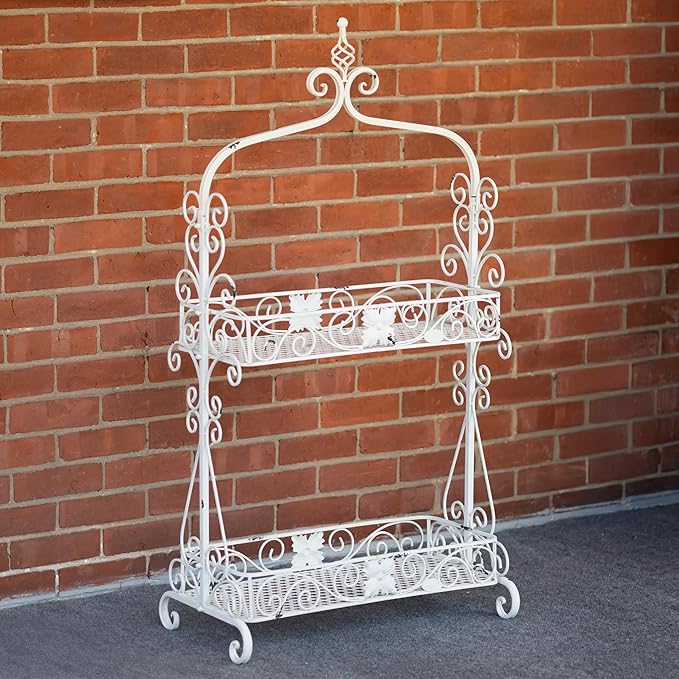 Zaer Ltd. Two Tier Rectangular Ornate Metal Plant Stand (Antique White)