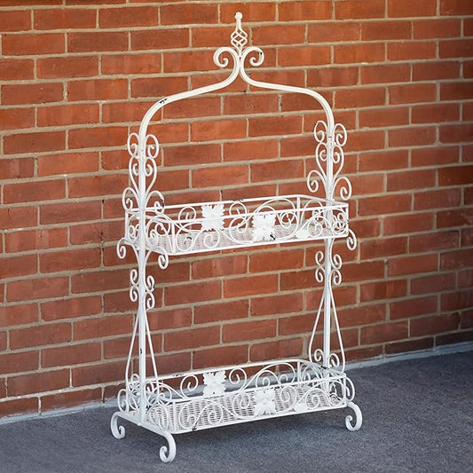 Zaer Ltd. Two Tier Rectangular Ornate Metal Plant Stand (Antique White)