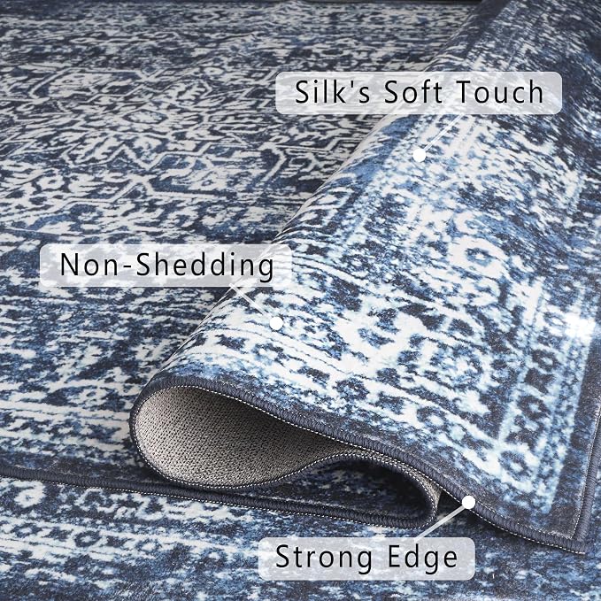 vivorug 3x5 Area Rugs, Stain Resistant Washable Rug for Living Room, Vintage-Inspired (Navy Blue, 3'x5')