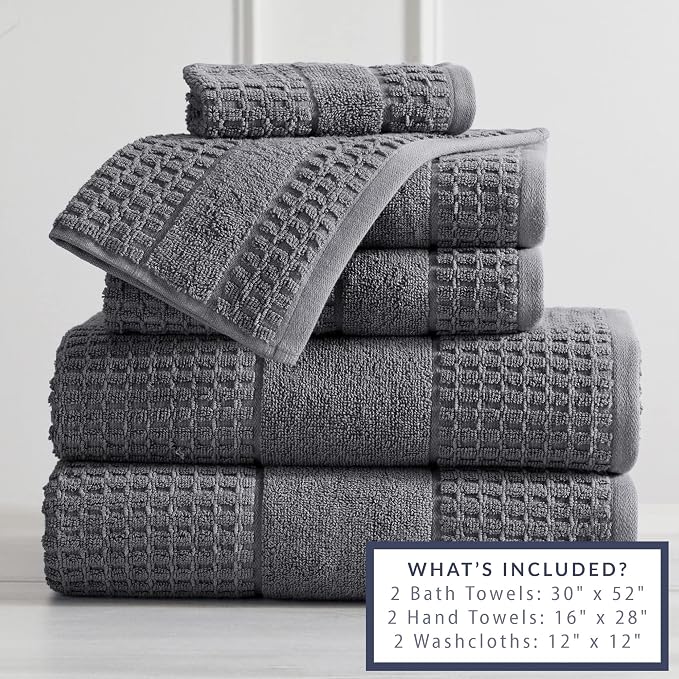 Market & Place 100% Cotton Super Soft Luxury Towel Set | Quick-Dry and Highly Absorbent | Waffle Textured | 550 GSM | 2 Bath Towels, 2 Hand Towels, & 2 Washcloths | Harper Collection (Dark Grey)