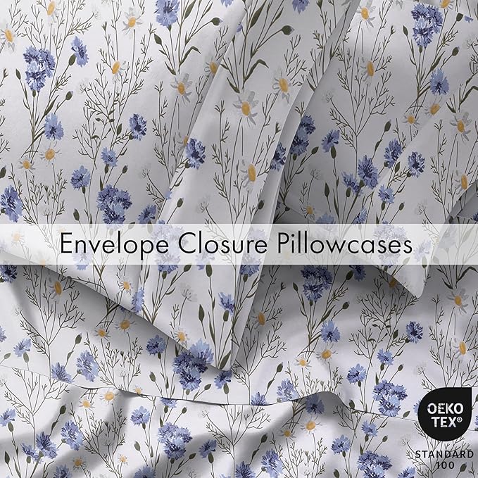RUVANTI 100% Cotton Twin XL Sheet Sets, 3 Pieces, Soft & Breathable Percale Weave Bedding, Deep Pocket 16", Hotel Standard, Crisp Cool Feel, Durable, Perfect Size Floral Sheets, Sweet Pea