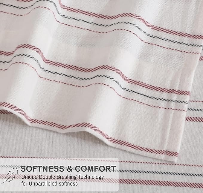 RUVANTI Flannel Sheets Queen Size - 100% Cotton Double Brushed Bed Sheets, Deep Pockets 16 Inches Queen Sheet Set, All Seasons Breathable & Extra Soft - Warm & Cozy, 4 Piece, Twill Stripe