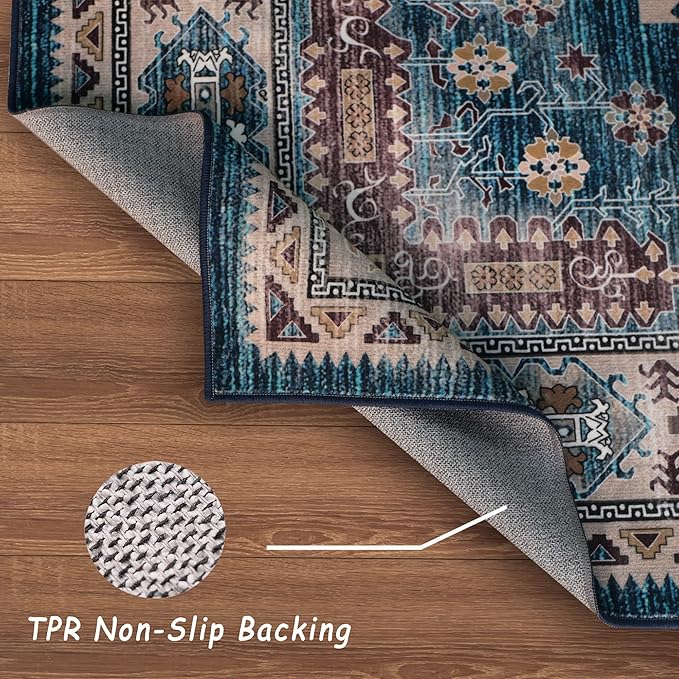 vivorug 4x6 Rug, Small Area Rug for Living Room, Bedroom, Kitchen, Machine Washable Non-Slip Throw Rug, Vintage Distressed Medallion Carpet for Entryway Nursery Dinner Room - Durable (Blue)