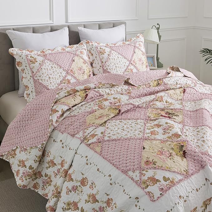 HoneiLife Quilt Set King Size - Fluffy Bedspreads 106x96, Microfiber Quilts 3-Piece, Patchwork Coverlet Rustic Bedding Sets All Season Quilts