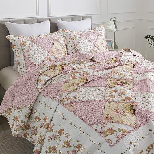 HoneiLife Quilt Set King Size - Fluffy Bedspreads 106x96, Microfiber Quilts 3-Piece, Patchwork Coverlet Rustic Bedding Sets All Season Quilts