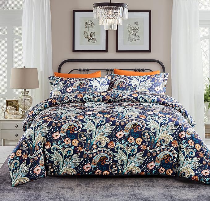 7 Piece Paisley Flower Comforter Bed in a Bag Set King Size Luxury Dark Blue Vintage Floral Boho Medallion Comforter Set Soft & Breathable Microfiber Bedding Set for Woman Adults