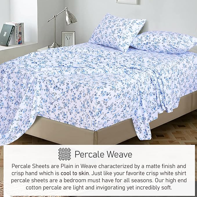RUVANTI 100% Cotton Twin Sheets Set, 3 Pieces, Soft & Breathable Percale Weave Bedding, Deep Pocket 16", Hotel Standard, Crisp Cool Feel, Durable, Perfect Floral Bed Sheet, Annual