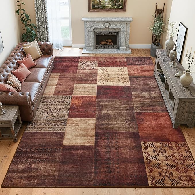 Tepook Modern Area Rug for Living Room, 6x9 Geometric Large Rugs for Bedroom, Washable Patchwork Rug Indoor Non-Slip Throw Carpets for Dining Room Office Farmhouse Home Decor, Red
